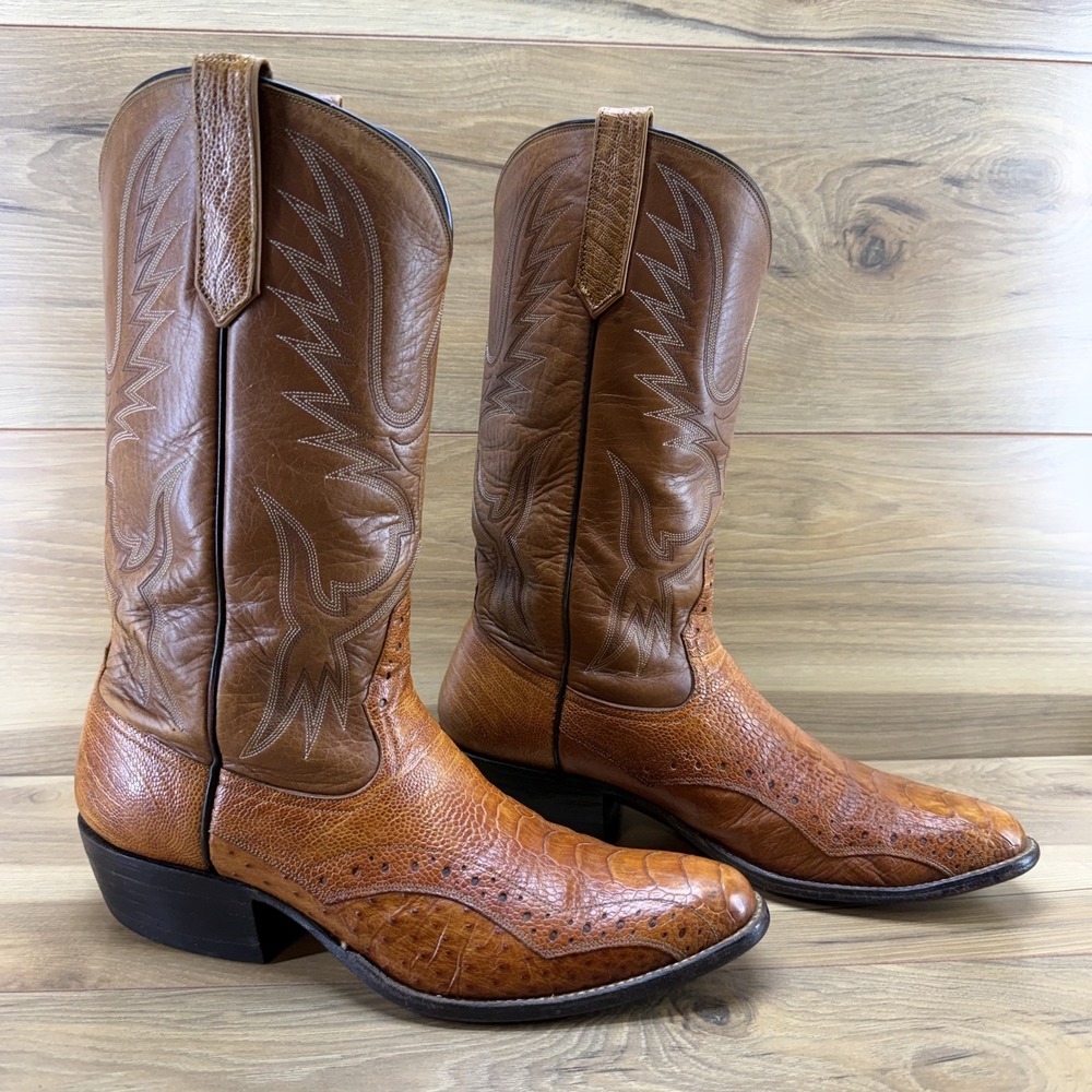 RIOS OF MERCEDES Vintage Ostrich Leg Ostrich Cowboy Boots Mens 9.5 D Cognac
